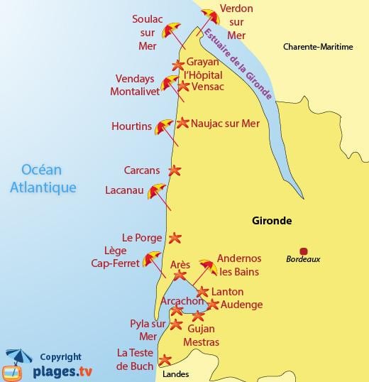 mapa Bordeaux plažu